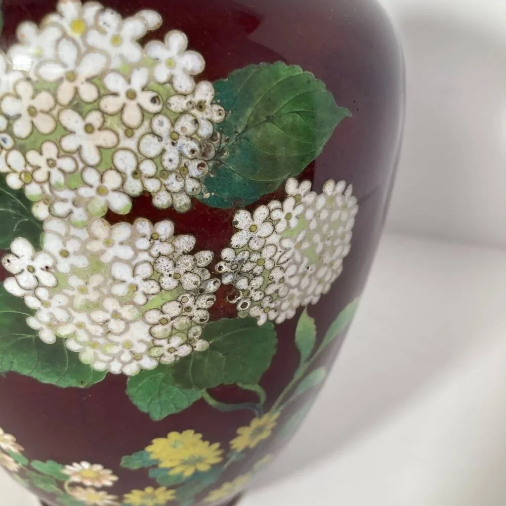 Vintage Japanese Ginbari Pigeon Blood Cloisonne Floral Hydrangea‎ Vase 7 3/4